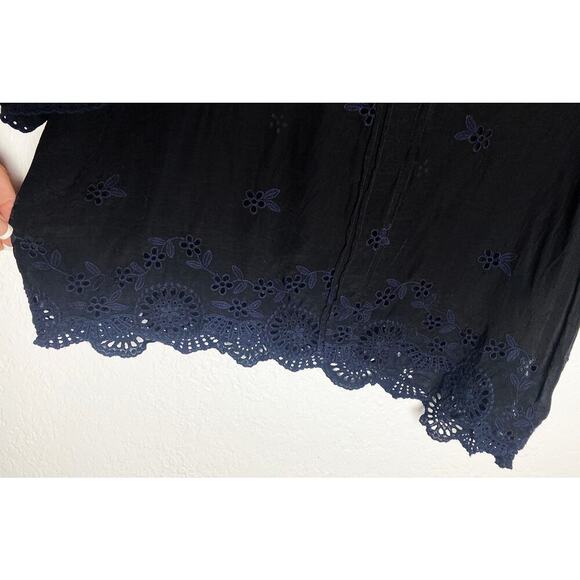 Johnny Was Women's V Neck Blouse Tunic Black Navy Eyelet Bohemian Hippie Sheer - Picture 4 of 7